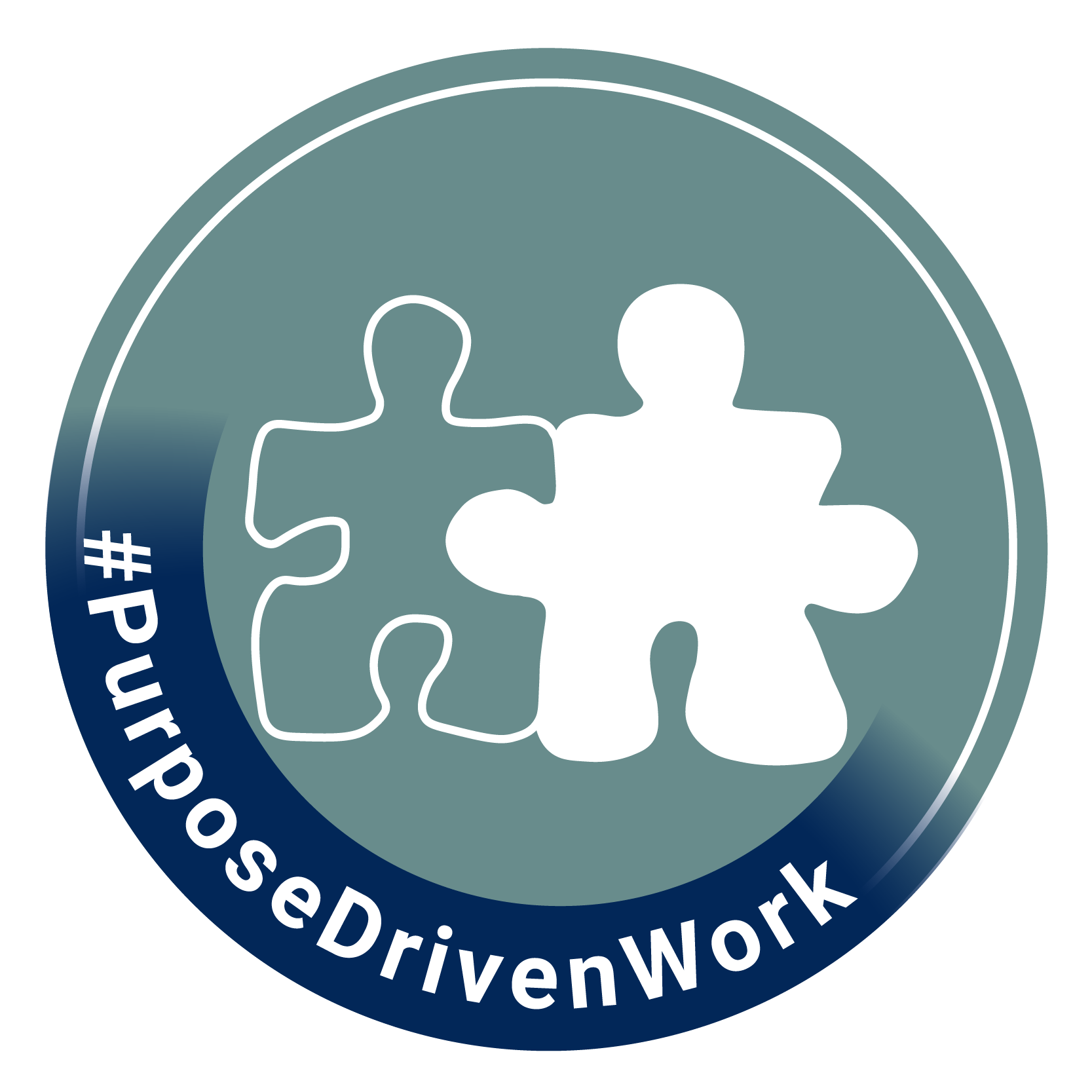 White puzzle piece figure icon with #PurposeDrivenWork text, representing purpose-driven sustainable careers at DuurzameJobs.